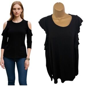Pleione Cold Shoulder Ruffle Sleeve Top Black L